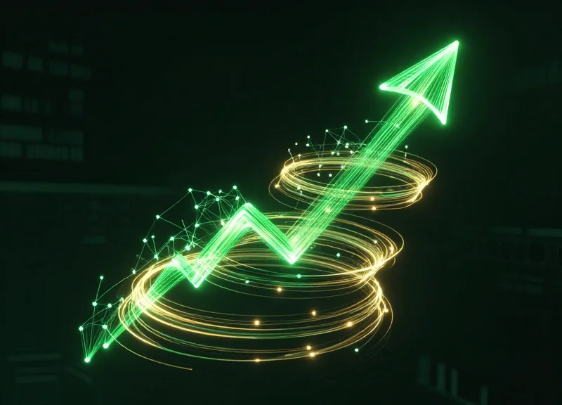 Abstract digital visualization of rising data streams and glowing nodes representing 35% profit growth.