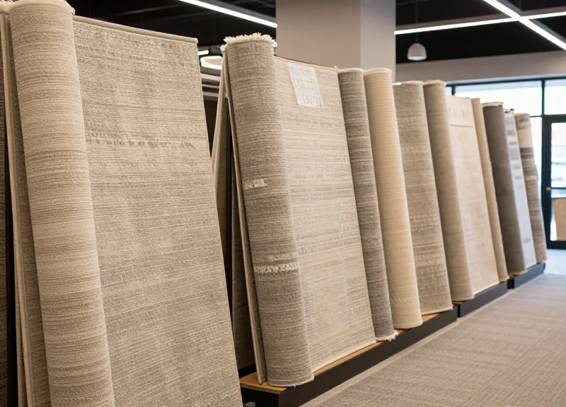Wide shot of a modern retail showroom with many large rolled carpets on display racks