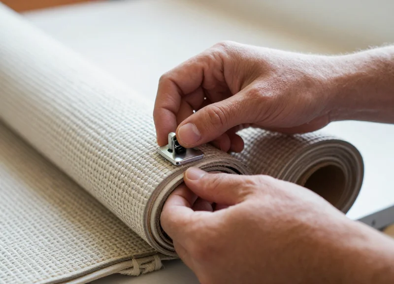 Close-up of a person's hands installing a security lock onto the end of a carpet roll