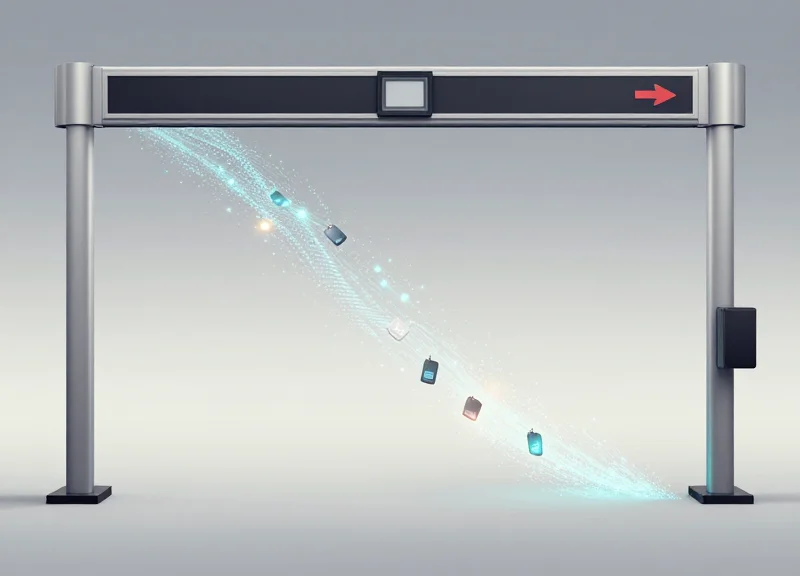 Surrealist art showing a traditional security gate transforming into digital light particles.