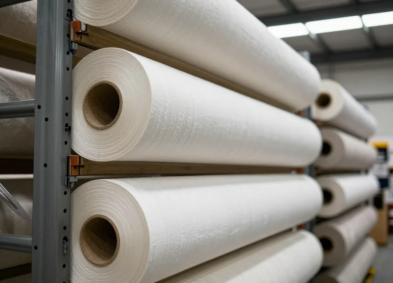 Large rolls of industrial textiles and flooring materials stacked in a warehouse with a tracking system.