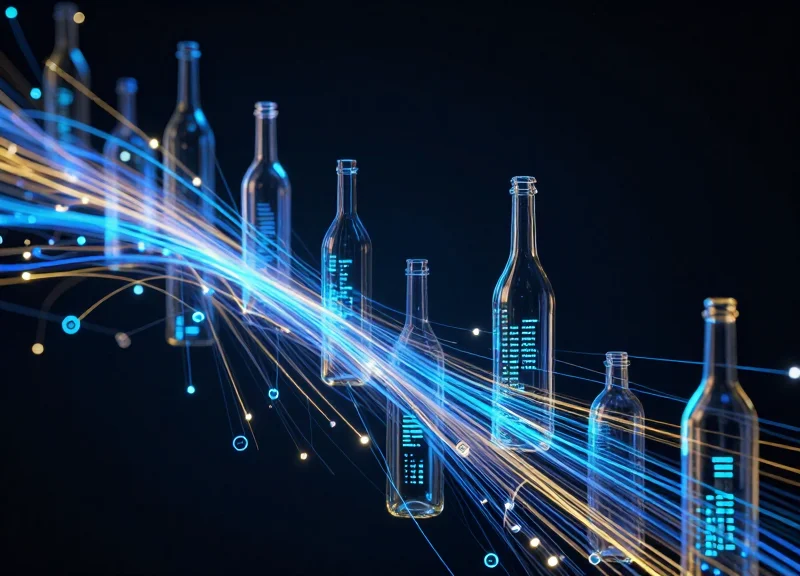 Abstract digital representation of RFID waves and data flowing from luxury glassware.