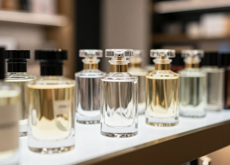 Close-up of fragile luxury glass perfume bottles on a high-end retail shelf with soft cinematic lighting.