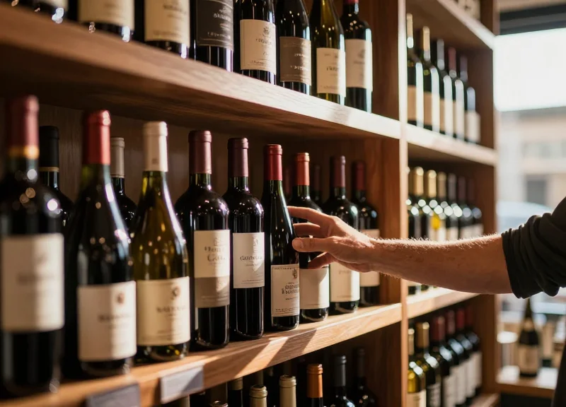 A customer browsing high-end wine bottles in a luxury store, showing the pristine condition of the merchandise.