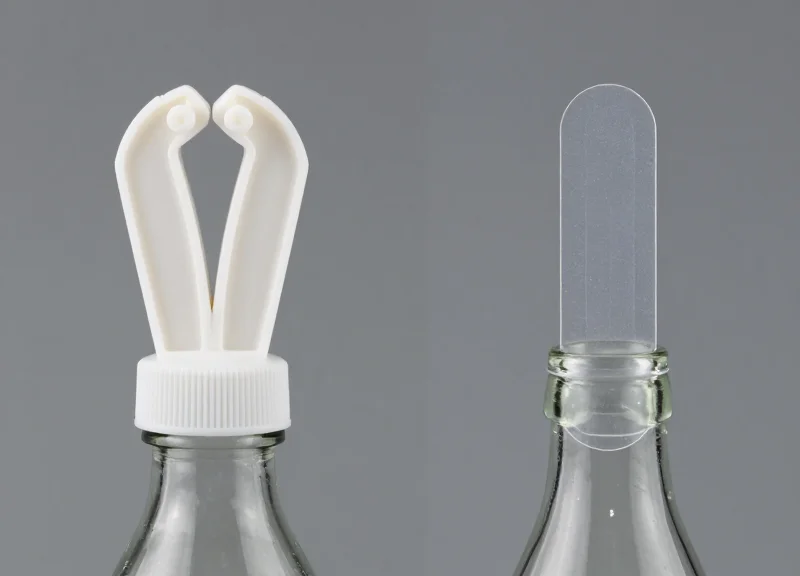 Comparison between a bulky traditional security tag and a discreet modern non-contact tag on glass items.