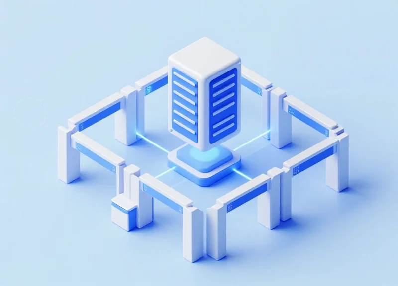 Isometric view of a retail security system with digital lines connecting entrance gates to a data server.