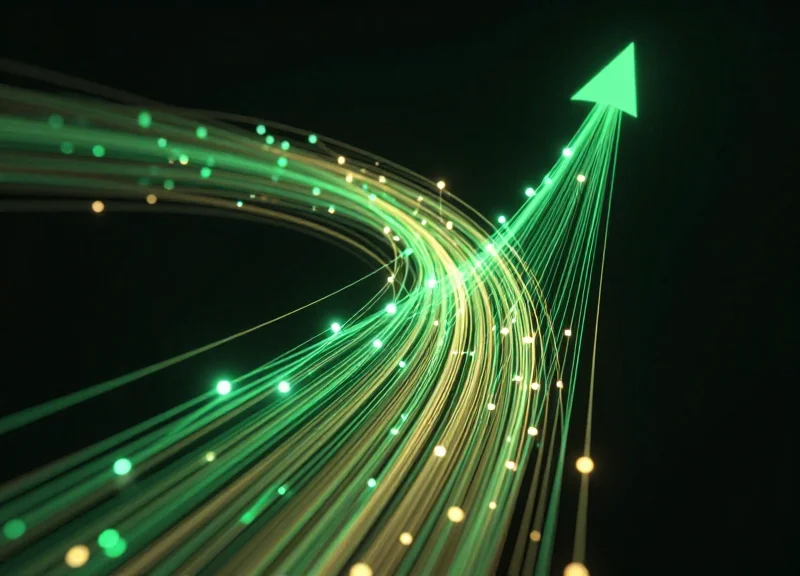 Abstract visualization of financial growth and ROI with glowing light trails rising upwards.