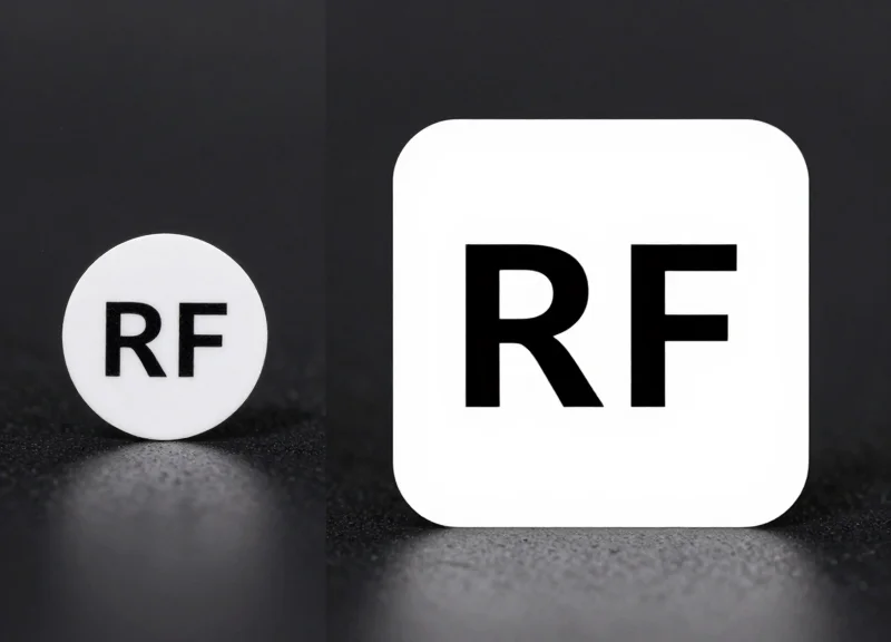 Visual comparison between a small 15mm circular label and a bulky 40mm square label.