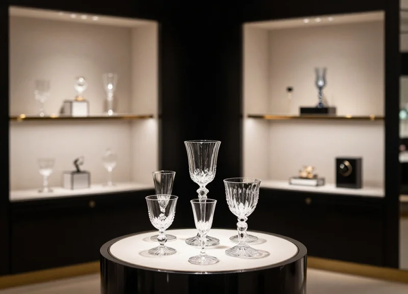 A high-end luxury boutique displaying delicate glassware with professional cinematic lighting.