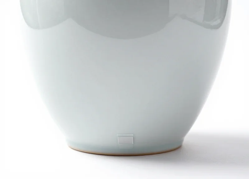 A macro shot of a delicate ceramic vase with a small, discreet security tag on a white background.