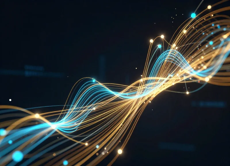 Abstract digital nodes and light streams representing the integration of RFID and security data.