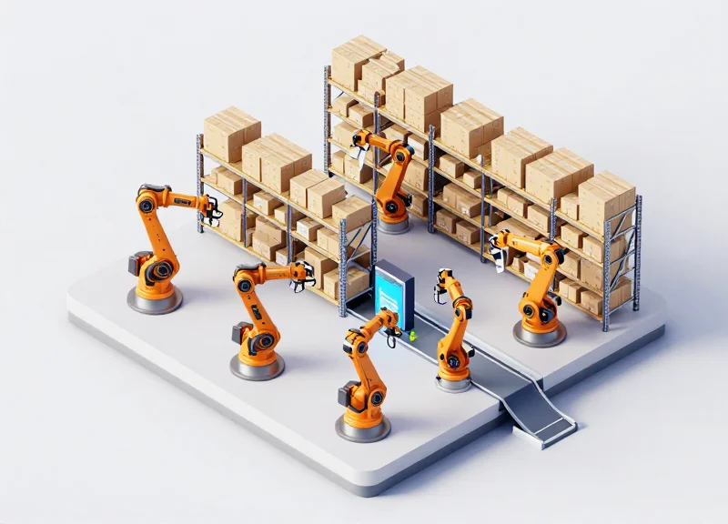 A futuristic automated warehouse for fragile goods with robotic arms and scanning sensors.
