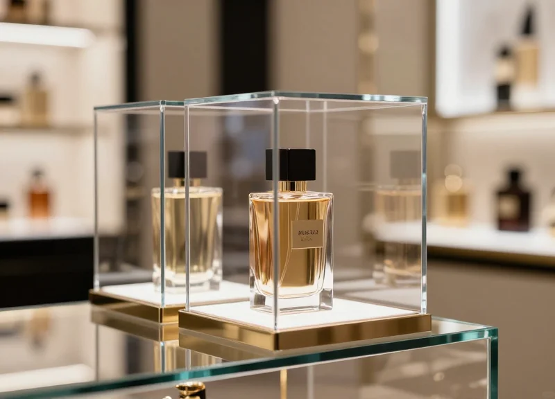 Luxury perfume bottles displayed in crystal clear EAS safers on a high-end retail shelf.