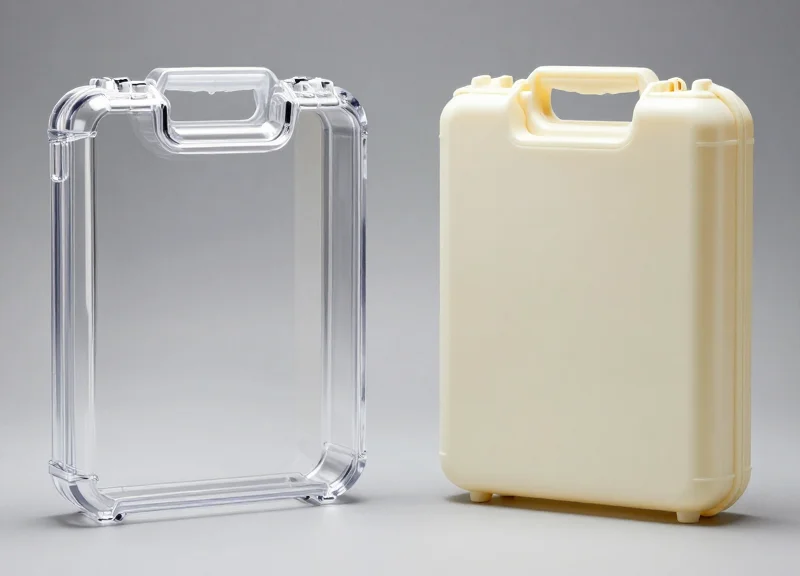 Comparison between high-transparency polycarbonate and standard cloudy plastic security cases.