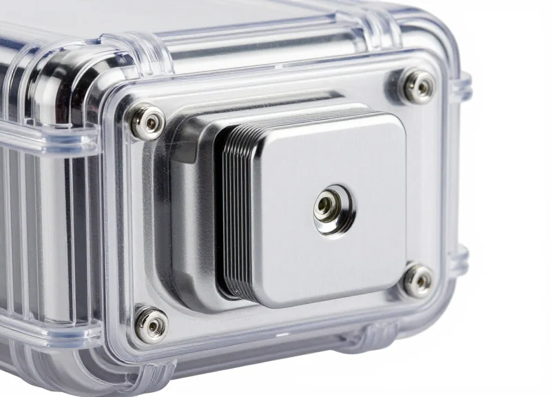 Macro shot of a high-security magnetic locking mechanism on a transparent EAS safer.
