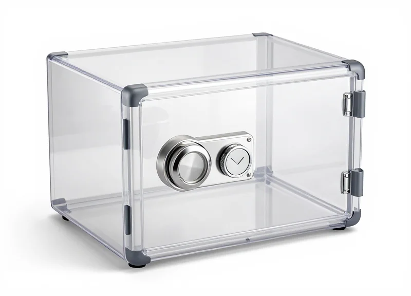 A high-tech transparent security safer box for retail merchandise on a white background.