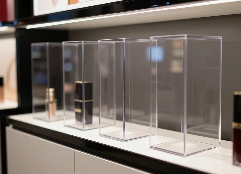 A modern high-end retail shelf featuring products in slim security safers