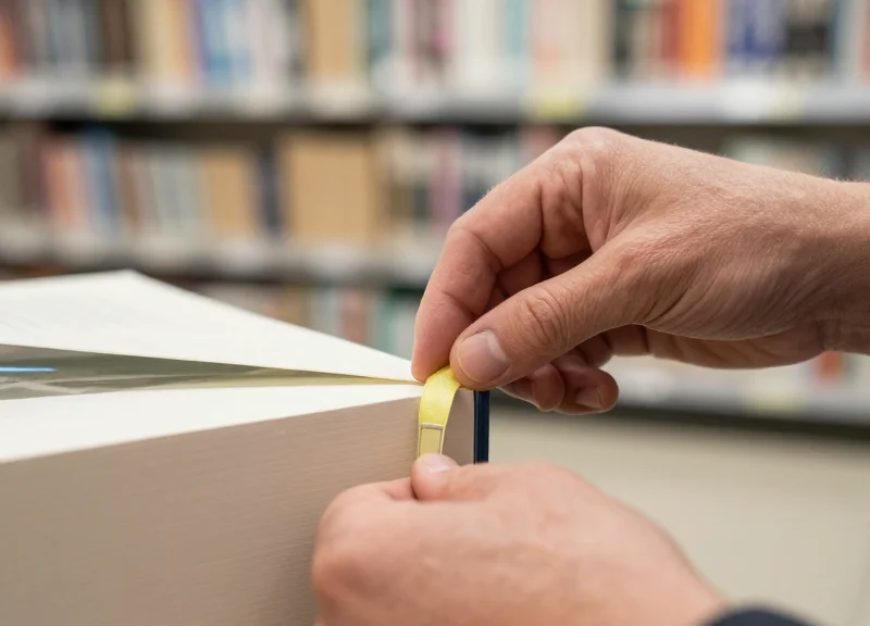 A retail worker discreetly applying an EM security strip to the spine of a book.