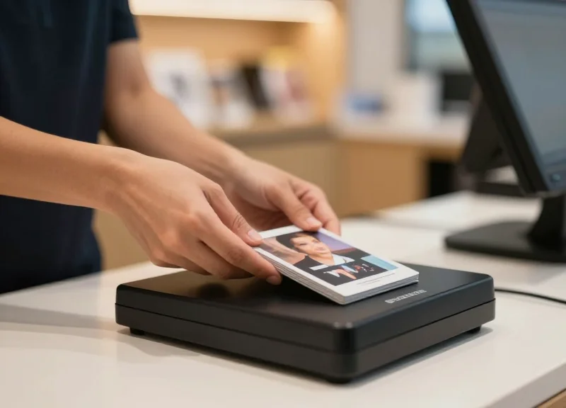 A store clerk at a checkout counter deactivating a security strip on a product.