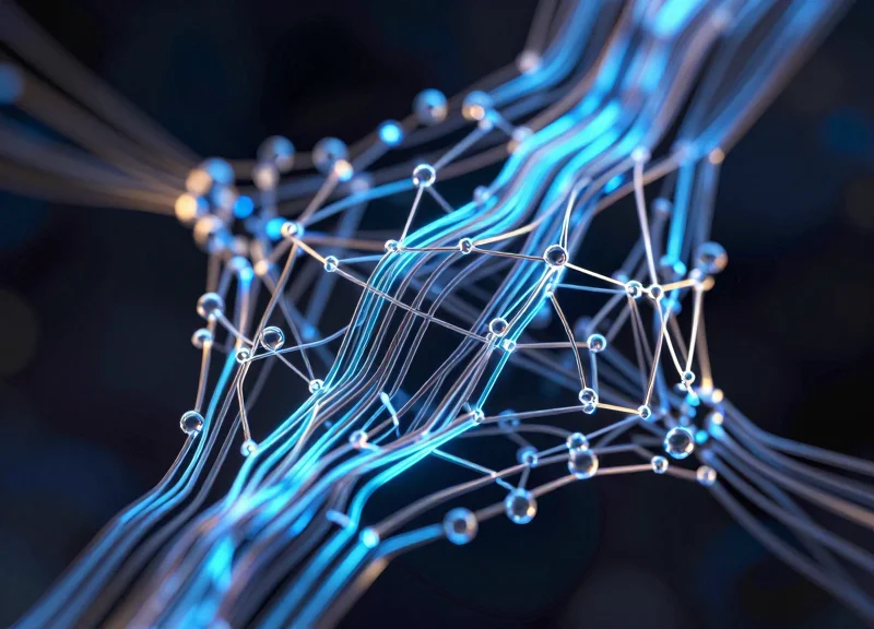 Abstract visualization of conductive inks and micro-wires in a circuit pattern.