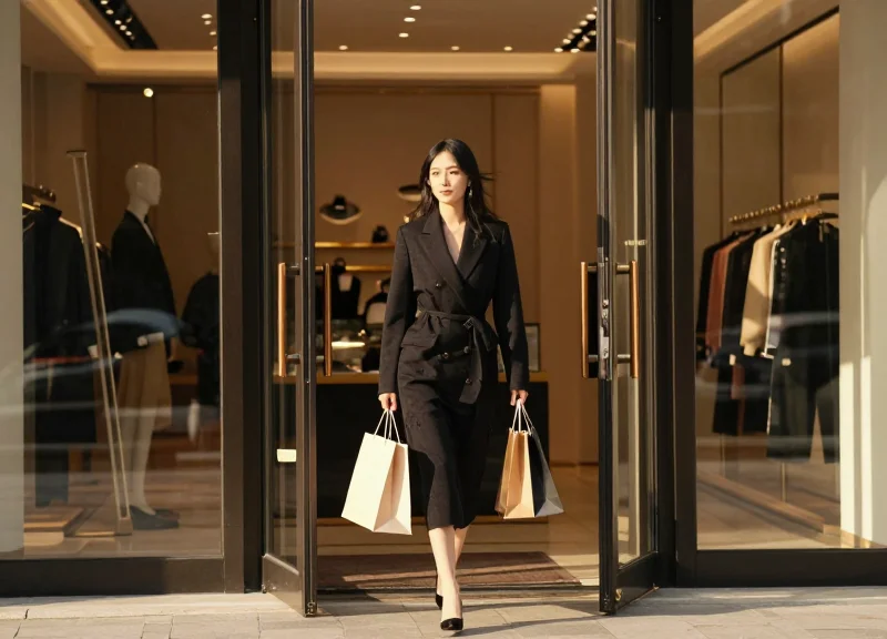 A customer walking out of a luxury store without needing to stop for security checks.