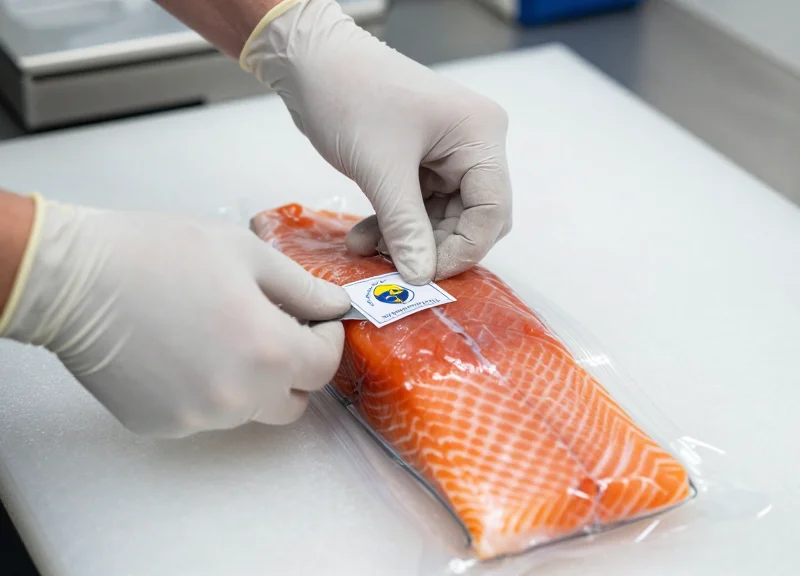 Hands in a processing plant correctly applying a waterproof label to a seafood package.