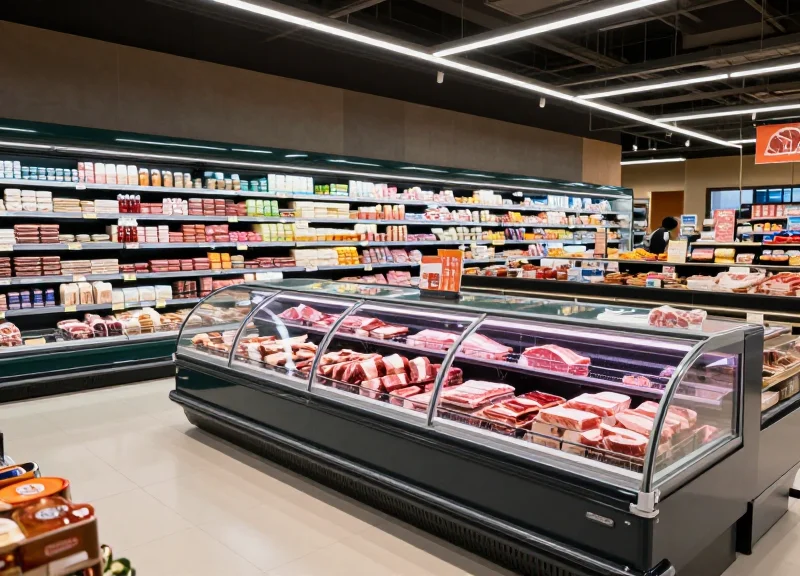A modern supermarket frozen meat section with glass-door freezers and various meat products.
