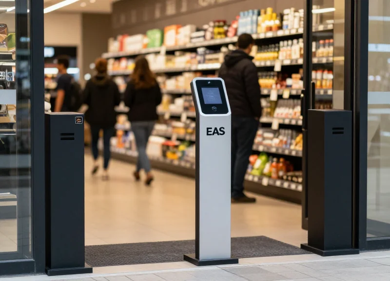 EAS security pedestals standing at a grocery store exit.