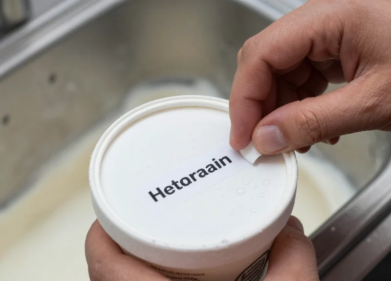 Hands applying a security label to the side of a frozen ice cream container.