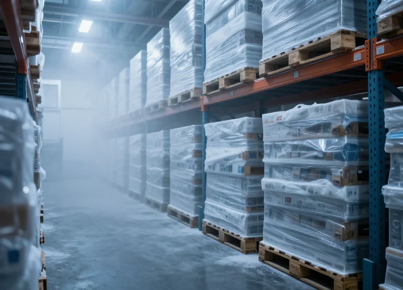 Wide shot of a refrigerated logistics warehouse with frosty air and frozen food pallets