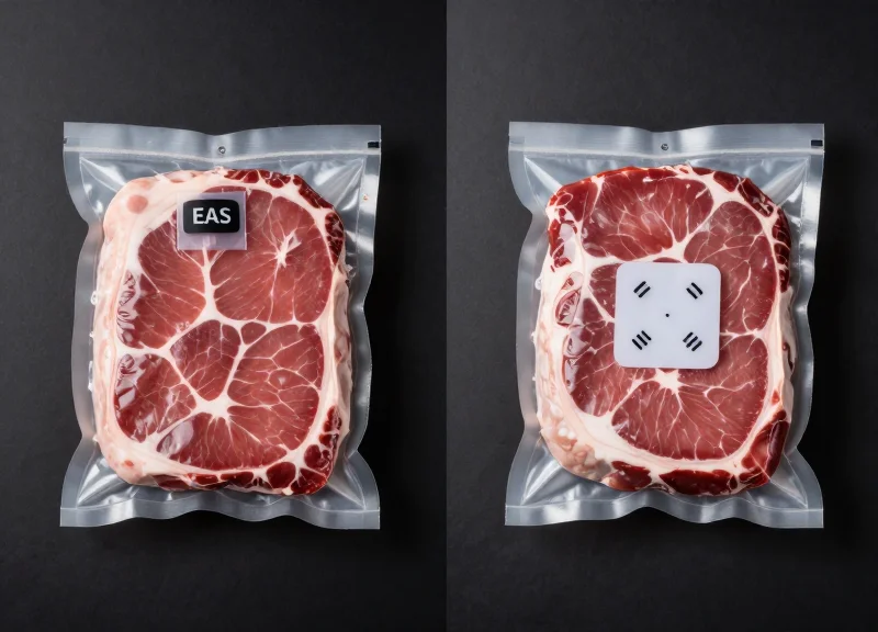 Side-by-side comparison of a traditional security tag and a smart RFID label on chilled packages