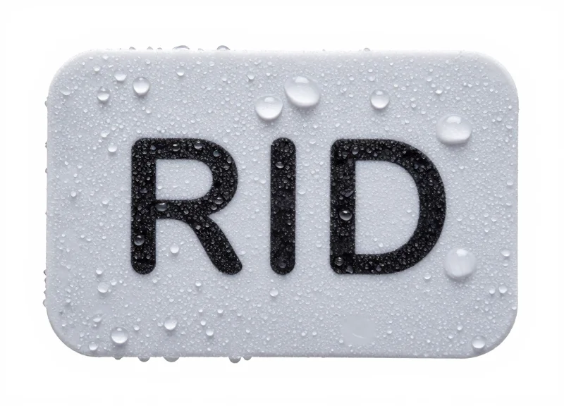 A waterproof RFID tag with frost and water droplets to show moisture resistance