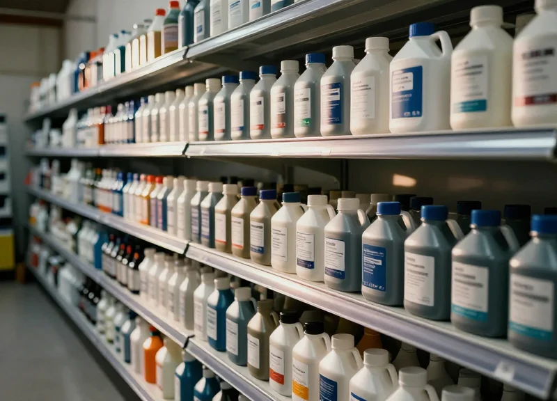 Modern industrial retail environment with neatly organized pesticide and chemical bottles on metal shelving