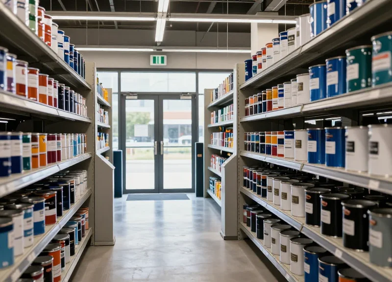 Wide shot of a modern industrial hardware store aisle with paint cans on shelves and security pillars at the entrance.