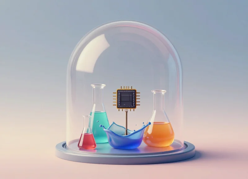 Surrealism art representing a protective barrier shielding an electronic circuit from liquid chemicals.
