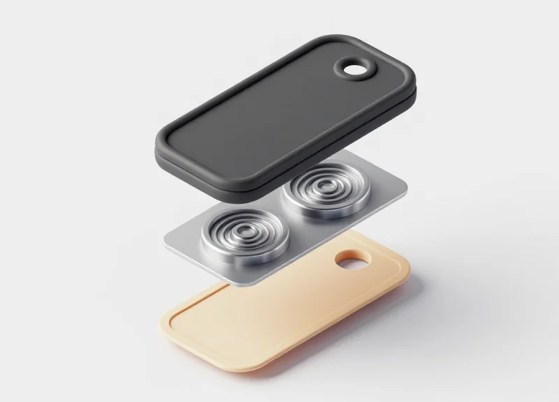 Isometric 3D exploded view of a security label showing its internal layers and adhesive base.