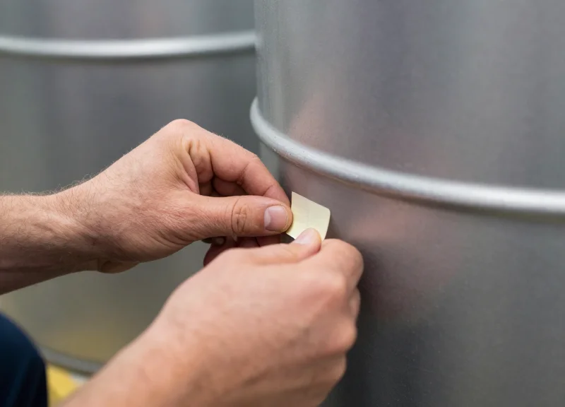 Close-up of a store worker's hands applying a security label to the bottom of a container.
