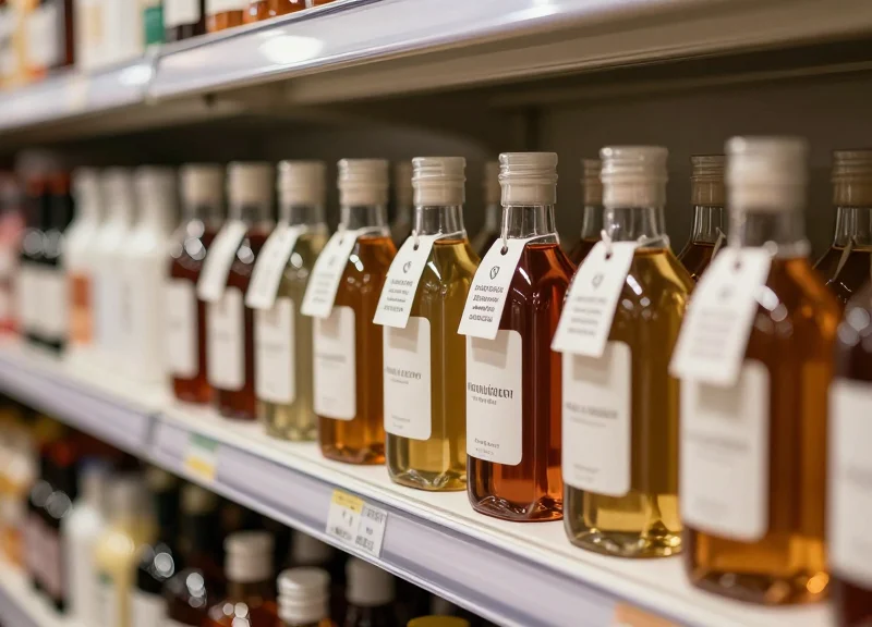 Retail shelf display of liquid containers with visible security tags attached to the necks, in a clean modern store setting.