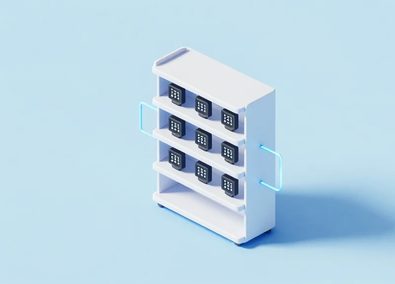 Isometric view of an integrated RFID and ESL system on a smart warehouse shelf for chemicals.