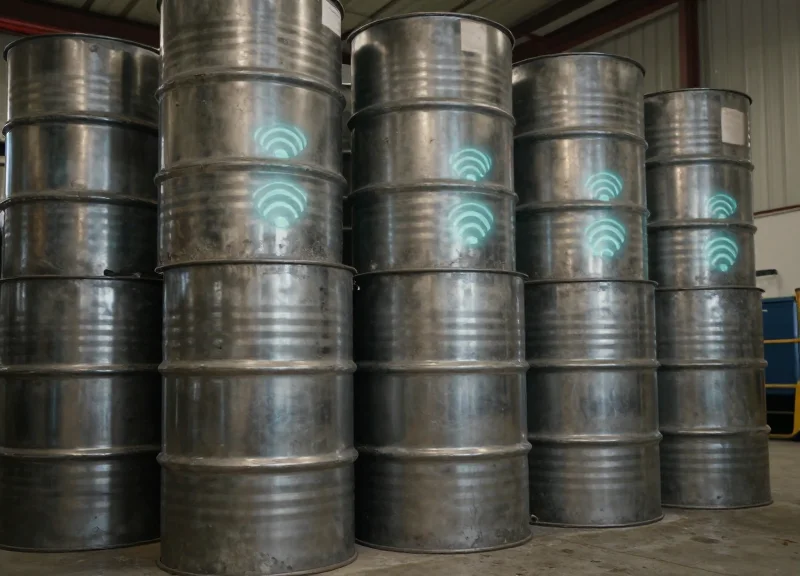 Industrial chemical drums in a facility with subtle visual representations of RFID signal waves.