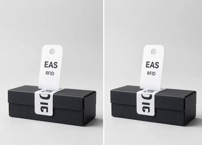 Comparison between an EAS tag and an RFID label on two product boxes.