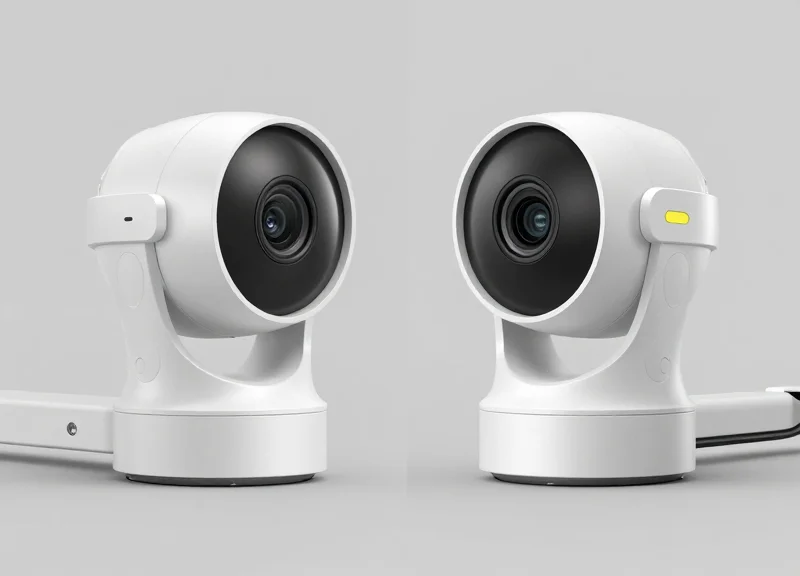 Two different high-tech EAS ceiling cameras displayed side-by-side for comparison.