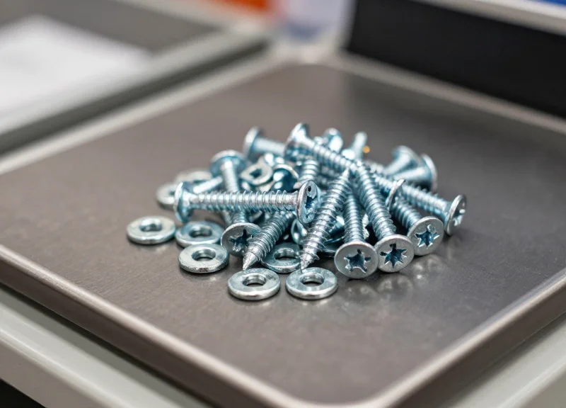 Macro shot of loose metal screws and hardware parts on a checkout scale.