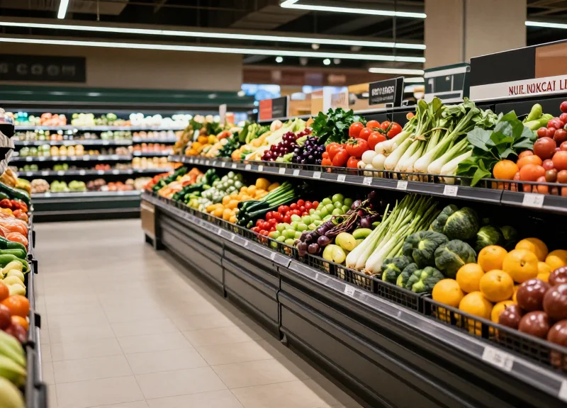 A vibrant supermarket produce aisle with fresh vegetables and fruits.