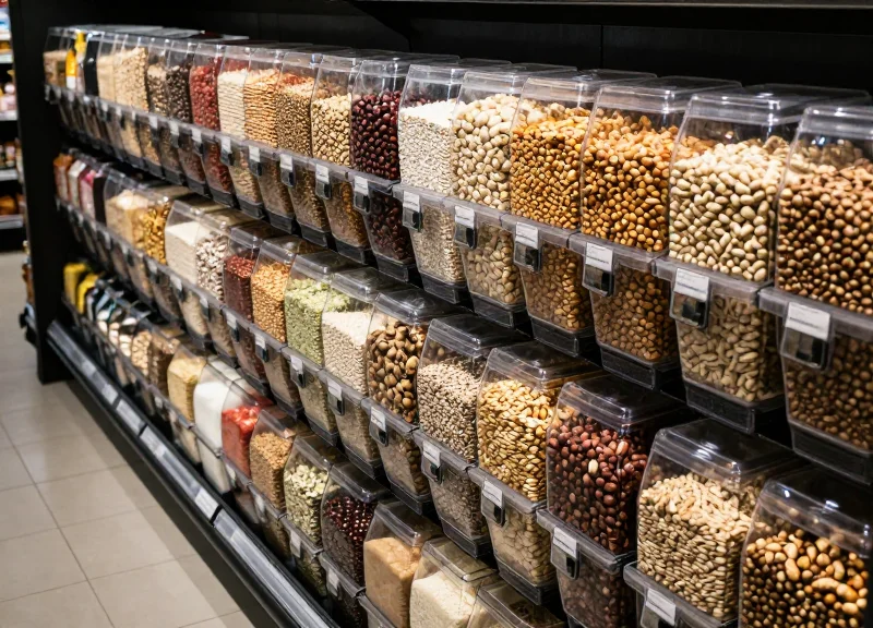 A close up of a bulk food dispenser section in a modern grocery store