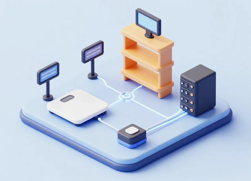 Isometric 3D model showing the connection between a smart scale, ESL tags, and RFID systems