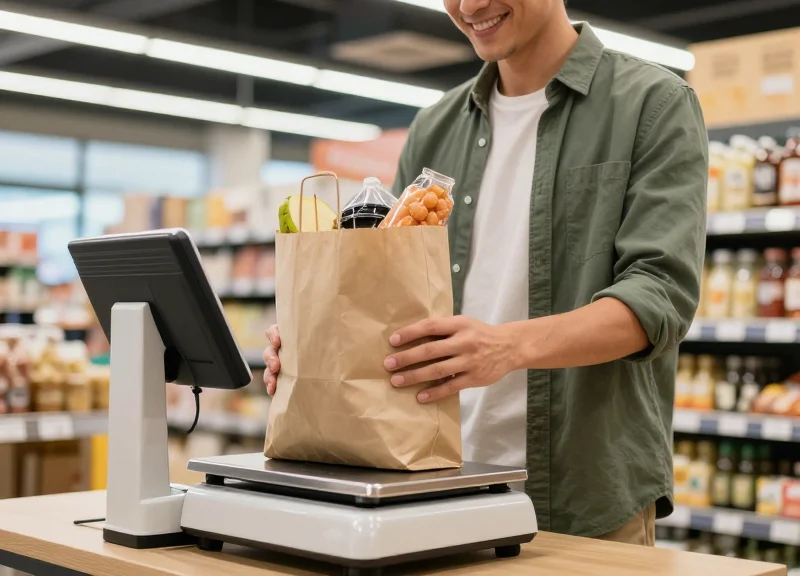 A customer smiling while comfortably using an automated weighing station in a store