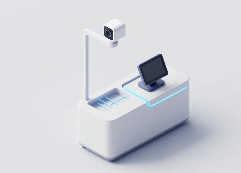 Isometric 3D view of a retail checkout with an AI camera mounted above the POS system.