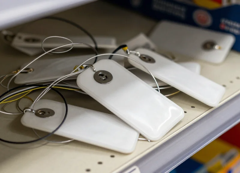 Close-up of a tangled mess of plastic security tags and wires on a retail shelf
