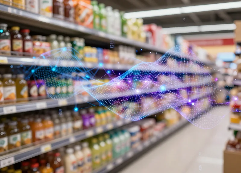 Abstract visualization of AI computer vision scanning retail products with glowing digital nodes